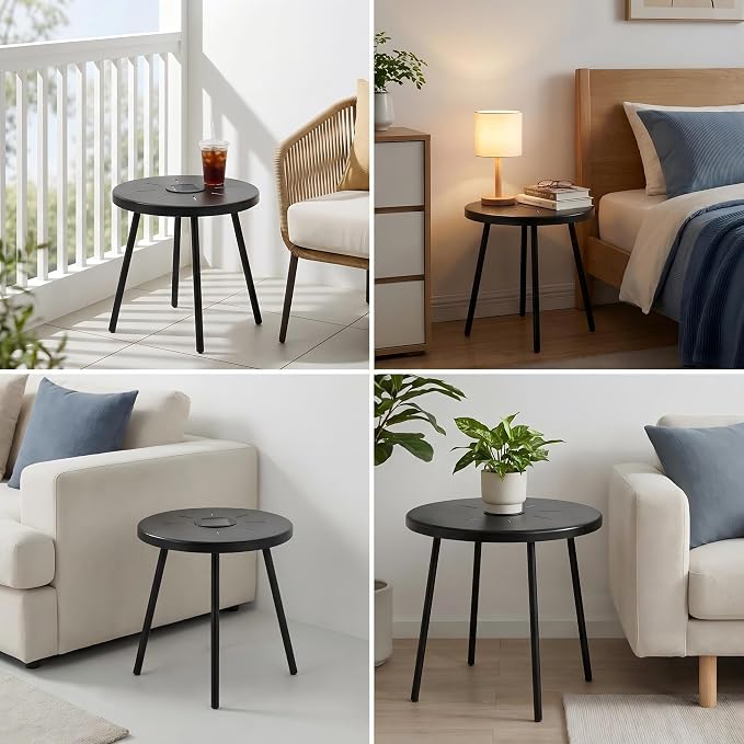 2-Pack Solar Powered Nesting Round Side Table Set, Waterproof Powder-Coated Metal End Table with Solar LED Indicator, Stackable Indoor Outdoor Patio Accent Table for Backyard Garden Balcony Bedroom