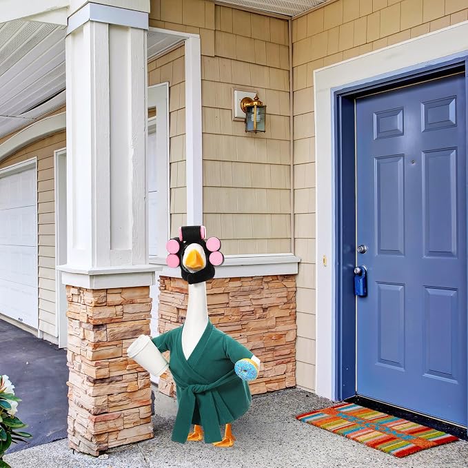Shyyween Lady Porch Goose Outfit for 23 Inch Cement Plastic Statue Green Bathrobe Goose Clothes with Curlers Coffee Cup for Summer Lawn Garden Yard Patio Decor