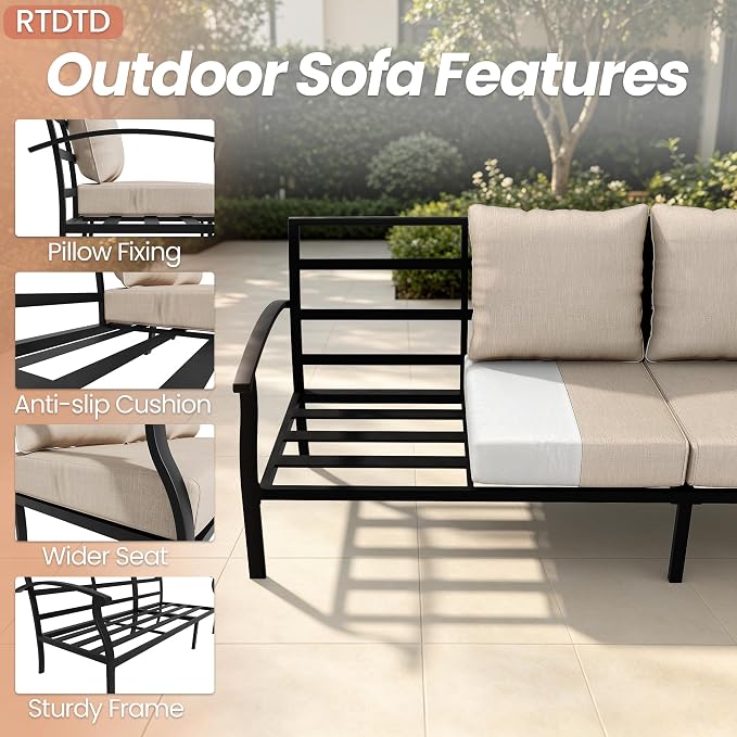 Metal Patio Furniture Set, 4 Piece Outdoor Sectional Conversation Sofa Set, 3-Seat Sofa w/2 Single Sofas and Coffee Table, Garden, Porch, Balcony, Deck, Sand