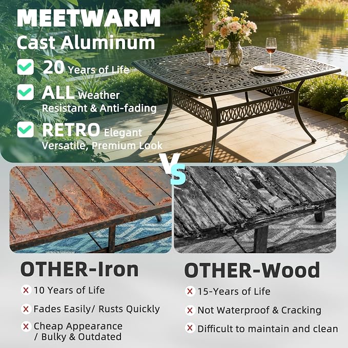 MEETWARM 64" Square Cast Aluminum Patio Dining Table, Weather-Resistant Large Outdoor Dining Table for 8 Person, Patio Furniture Table with Umbrella Hole and Adjustable Foot Pads, Dark Bronze
