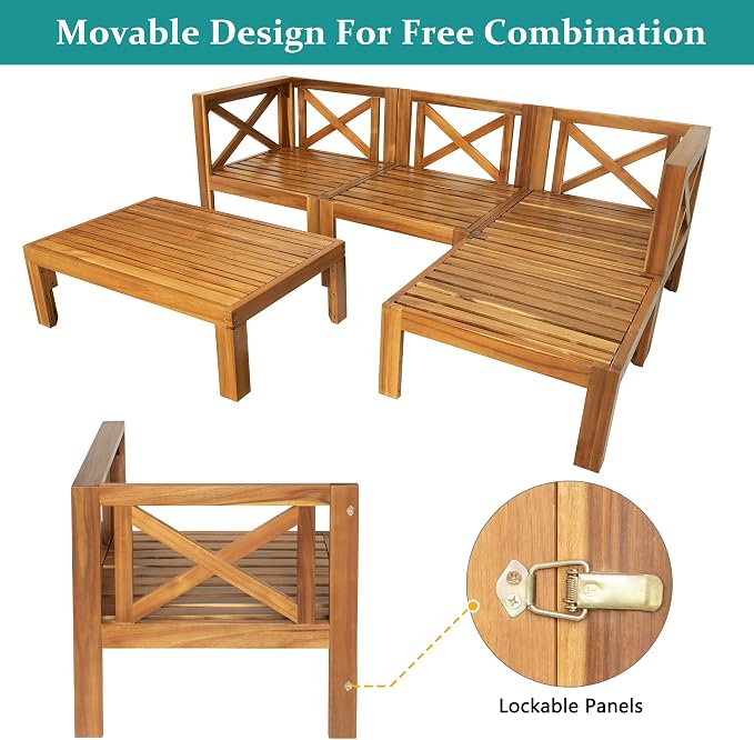 5-Piece Outdoor Backyard Patio Set, Acacia Wood Sectional Sofa Seating Group Set with Tea Table and Cushions, Conversation Furniture Set for Garden Backyard Poolside (Natural Finish+beige cushion 2)