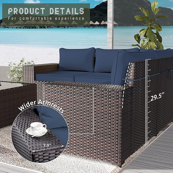 8 PCS Outdoor Patio Furniture Set,Outdoor Sectional Furniture All Weather PE Rattan Wicker Patio Conversation Set with 2 Ottomans and Coffee Table,Navy Blue