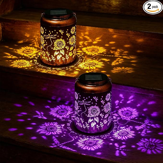 2 Pack Waterproof Dragonfly Solar Lantern Outdoor Hanging Garden Light | Colorful LED metal Dragonfly lantern; durable, waterproof outdoor decor perfect for patio, yard, or as a gift for women