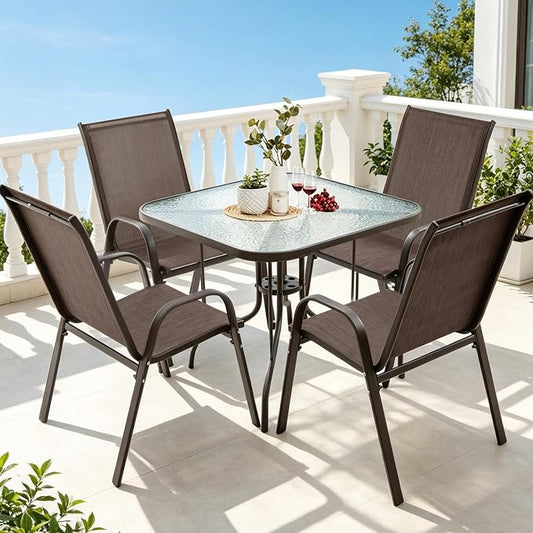 5 Piece Patio Dining Set with Wider 24.4" Stackable Chairs, Outdoor Dining Set for 4 with 36"*36" Table, Brown Metal Frame and Brown Textilene