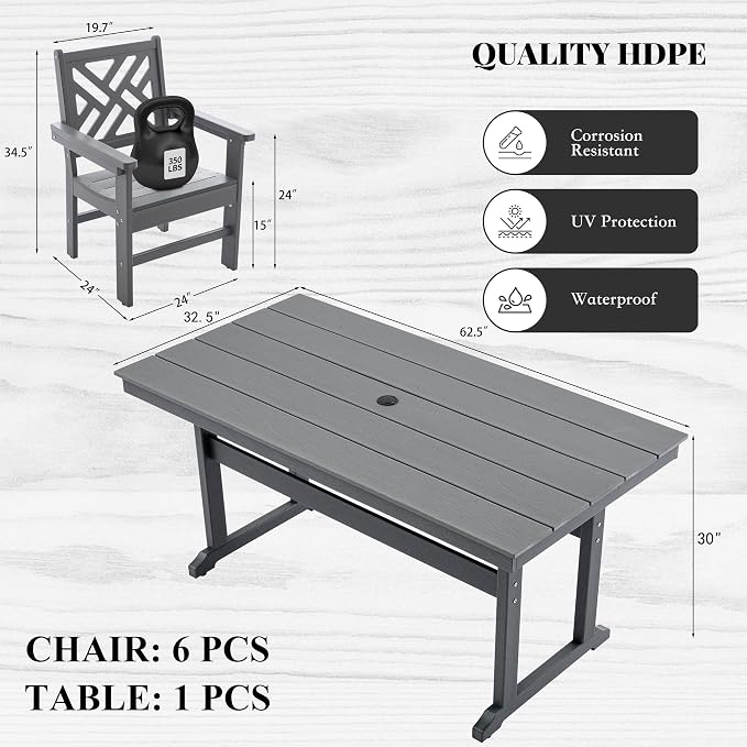 HDPE Dining Table Set for 6,7-Piece Outdoor Table and Chairs Include 6 Dining Chairs and 62.5" Patio Dining Table with Umbrella Hole (Gray)