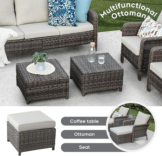 Brafab 9 Seats Outdoor Patio Furniture Set with Fire Pit Table, High Back Swivel Chairs Conversation Sets with Ergonomic Backrest, Wicker Sectional Sofa with Gilder Chair for Yard Garden Porch, Beige