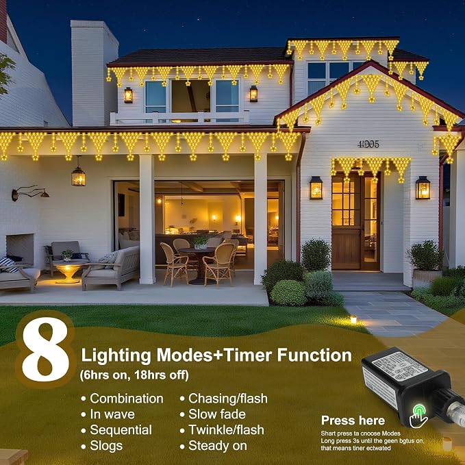 Outdoor Christmas Lights, 14FT 218 LED Curtain Lights, Hanging Fairy String Light, Plug-in LED String Light for Wedding, Party, Indoor, Christmas Decoration - Warm White