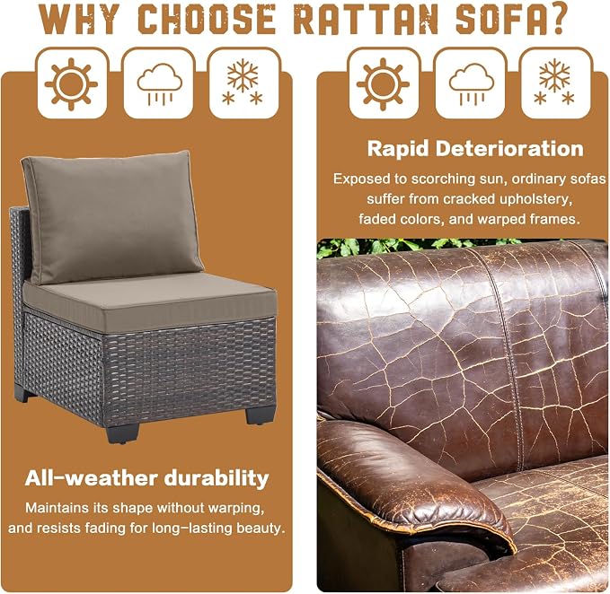 MOCHITO 7 Pcs Outdoor Patio Furniture Sets Brown Rattan Khaki Cushions | All-Weather Sectional Sofa, with Glass Table, PE Rattan Wicker Patio Furniture , Washable Cushions, for Balcony Porch Garden