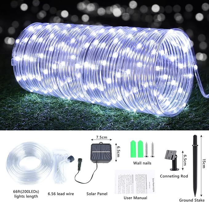 Solar Rope Lights, 2 Packs Total 132ft 400LED Solar String Lights, 8 Modes Waterproof Solar Outdoor Light, Flexible Clear Trampoline Light for Garden Backyard Patio Deck Pool Tree Decor - White