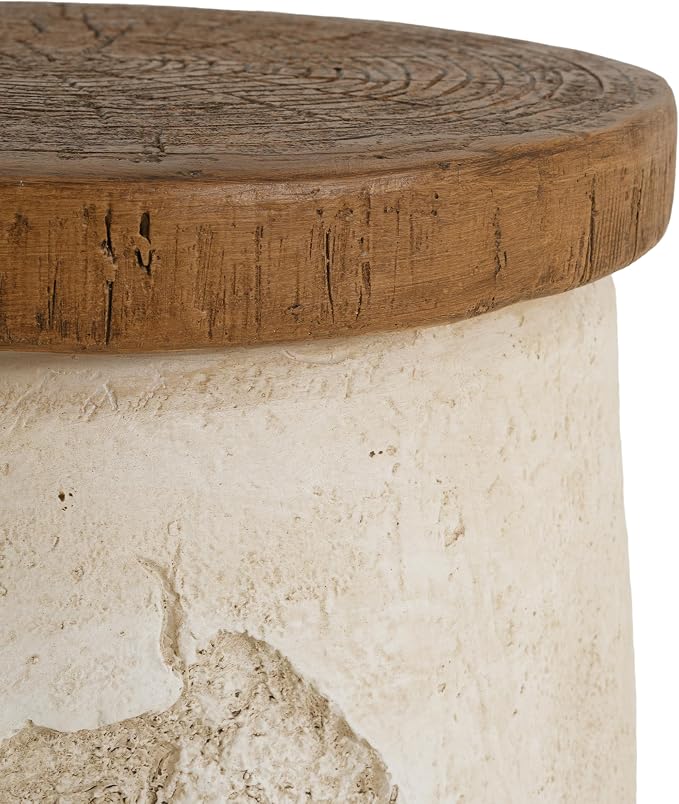 LUMISOL Outdoor Side Table, Modern Organic MGO Accent End Table for Patio, Living Room, Beige Tone-Effect Base with Faux Wood Grain Top