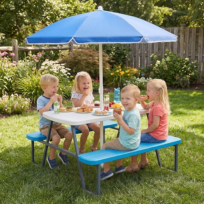 KOTEK Kids Picnic Table with Umbrella, Toddler Outdoor Table and Bench Set, Easy to Clean, HDPE Top & Metal Frame, 660LBS Capacity, Kids Patio Furniture for Backyard Park Garden (Blue)