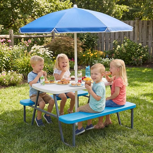 KOTEK Kids Picnic Table with Umbrella, Toddler Outdoor Table and Bench Set, Easy to Clean, HDPE Top & Metal Frame, 660LBS Capacity, Kids Patio Furniture for Backyard Park Garden (Blue)