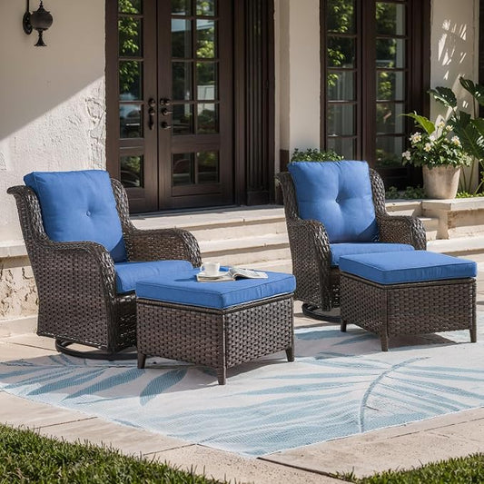 Outdoor Swivel Chairs-Patio Swivel Glider Chairs with Ottomans Outdoor Conversation Set for Deck Balcony Poolside Backyard-Brown/Blue