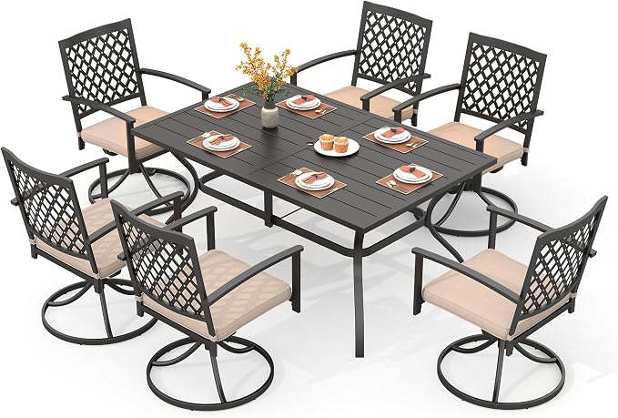 PHI VILLA Patio Dining Set for 6, Swivel Chairs& Metal Table | 60" Rectangle Metal Steel Table&Swivel Wrought Iron Chairs with Cushions,Large Furniture Set for Patio, Deck, Porch, Yard