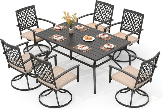 PHI VILLA Patio Dining Set for 6, Swivel Chairs& Metal Table | 60" Rectangle Metal Steel Table&Swivel Wrought Iron Chairs with Cushions,Large Furniture Set for Patio, Deck, Porch, Yard