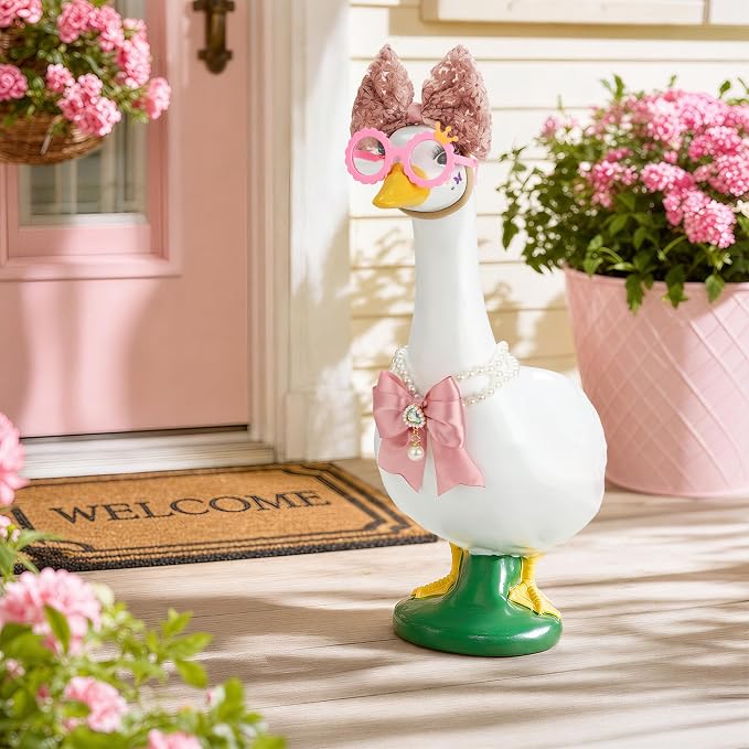 Porch Goose Statue 8pc Accessory Combination Set, Pink Goose Accessories Kit with Glasses Bow Hat Necklace Stickers for 23 Inch Goose, Cute Girl Style Yard Decor (Pink Girl 8PC)