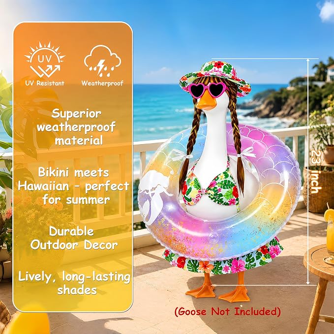 Hawaiian Porch Goose Bikini Outfits, Summer Goose Swimsuit Clothes Fits 23" Goose Statue with Cute Hat, Goose Wigs, Sunglasses & Swimming Ring for Outdoor Patio Yard Decoration