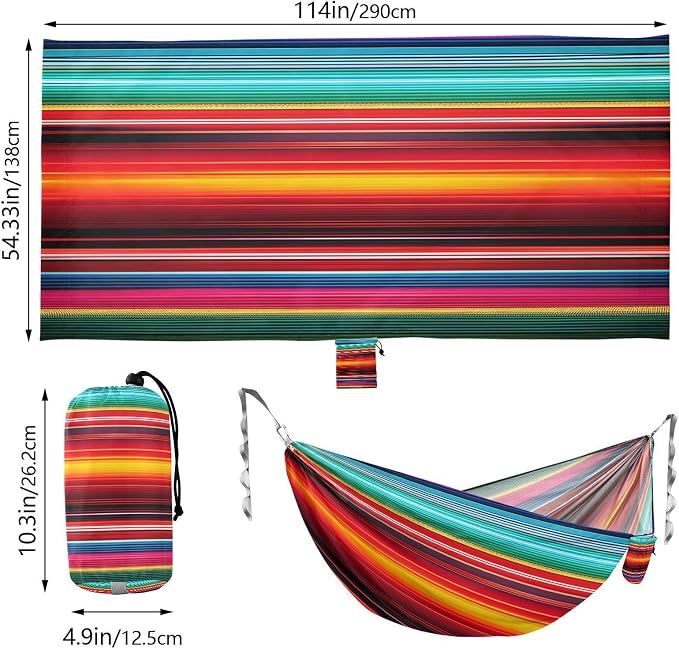 Mexican Serape Blanket Stripes Camping Hammock, Portable Lightweight Single Hammock with Tree Straps and Aluminum Carabiners, 114" x 54" Travel Hammock for Hiking Backpacking Beach