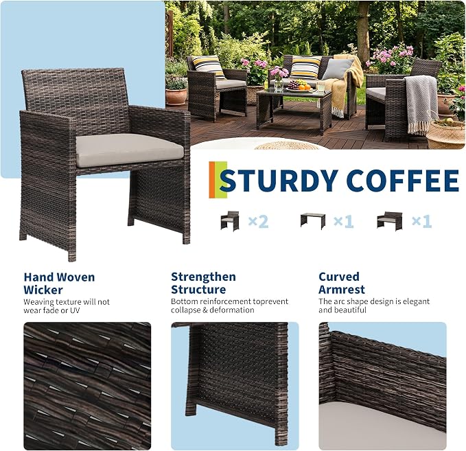 IDEALHOUSE 4 Piece Outdoor Wicker Patio Furniture Set, with Coffee Table & Seat Cushions for Backyard, Porch Seating