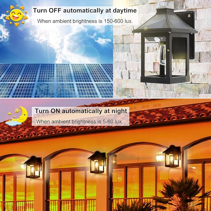 2 Pack Solar Wall Lanterns Outdoor with 3 Modes, Dusk to Dawn Motion Sensor | LED Sconce Lights IP65 Waterproof, Exterior Front Porch Security Lamps Wall Mount Patio Fence Garage Decorative