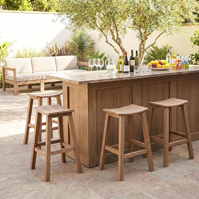 Stoog All-Weather Bar Stools Set of 2, 28" Outdoor Barstools with 400 lbs Capacity, Realistic Wood-Grain Texture, for Bar, Kitchen Counter, Pool & Patio, Teak