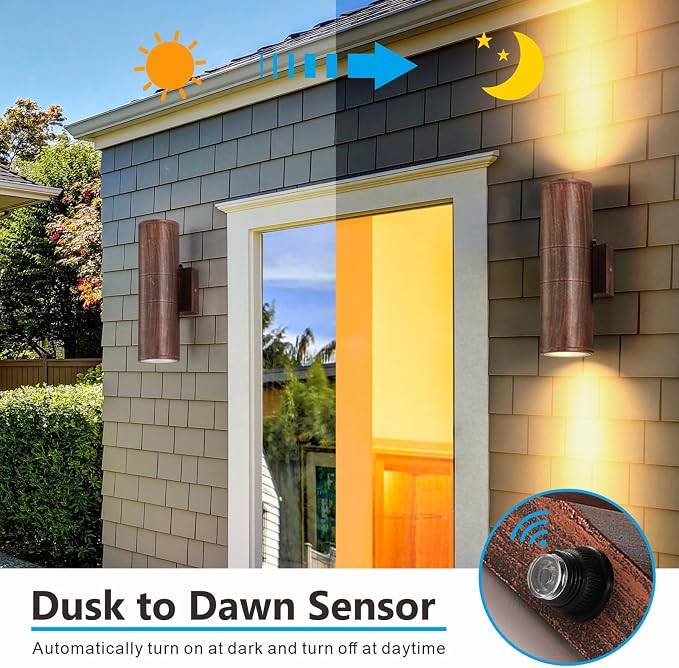 DAKAFUL Dusk to Dawn Outdoor Lighting Sensor Wall Lights 2Pack, 12W 2700K Integrated LED Cylinder Up Down Lights Outdoor, IP65 Waterproof Aluminum Wall Sconce Exterior Wall Light for Porch Patio etc.