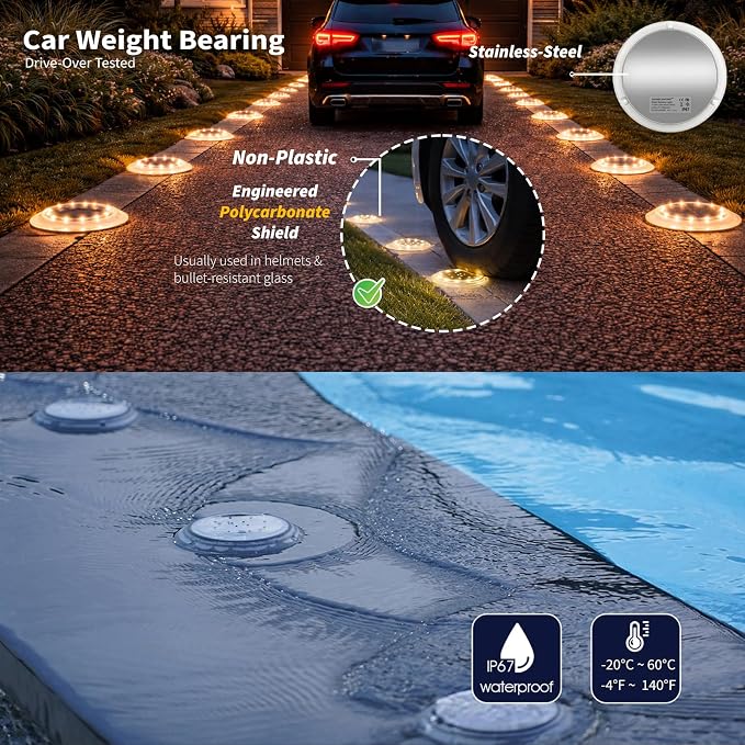 Solar Dock Lights, Deck LED Disc, Warm White, 6 Pack | Outdoor Waterproof, Flat Low Profile, Driveway, Ground, Anti-Slip & Anti-Trip, Soft Anti-Glare