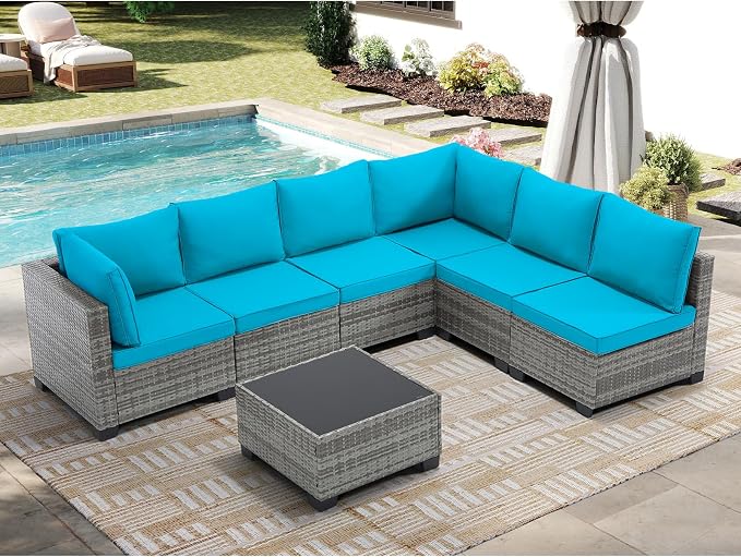 CANMOV 7 Pieces Patio Furniture Sets, All Weather Outdoor Patio Conversation Set, PE Wicker Rattan Sectional Sofa Couch Glass Coffee Table Washable Cushions for Backyard Garden, Porch, Peacock Blue