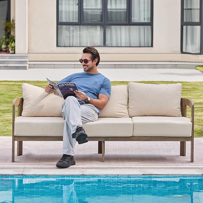 Aluminum Outdoor Patio Sofa, 3-Seat All-Weather Metal Modern Couch with Washable Thick Cushion for Garden/Backyard/Porch, Beige | All-Weather Metal
