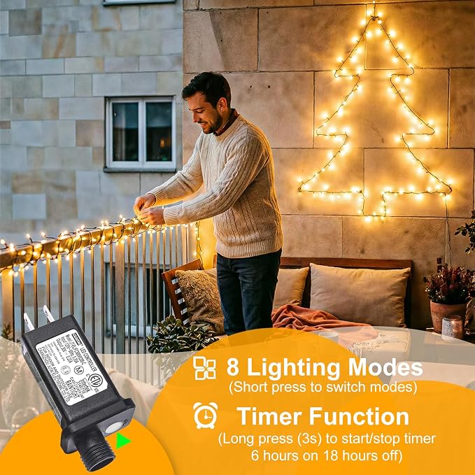 2 Pack Christmas Lights Outdoor, Total 200FT 600 LED Christmas Tree Lights | Warm White, Plug in 8 Modes Waterproof Outdoor String Lights for Indoor Room Patio Garden Party Holiday Decorations