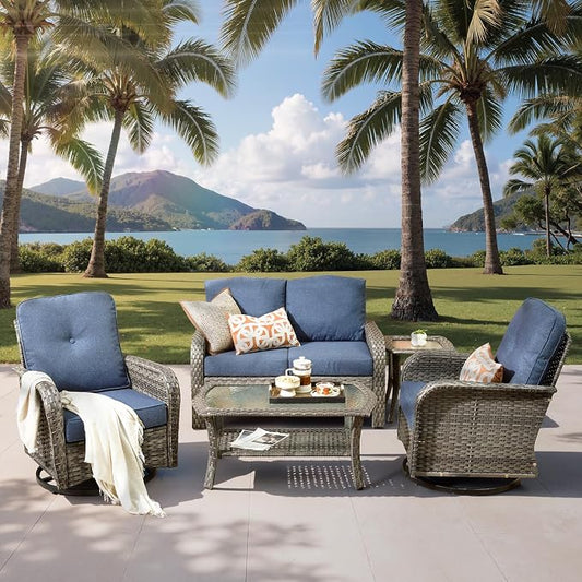5-Piece Outdoor Patio Furniture Set with Swivel Chairs, Outdoor Conversation Wicker Sofa with Coffee Table, Rattan Couch for Deck Yard Poolside, Blue