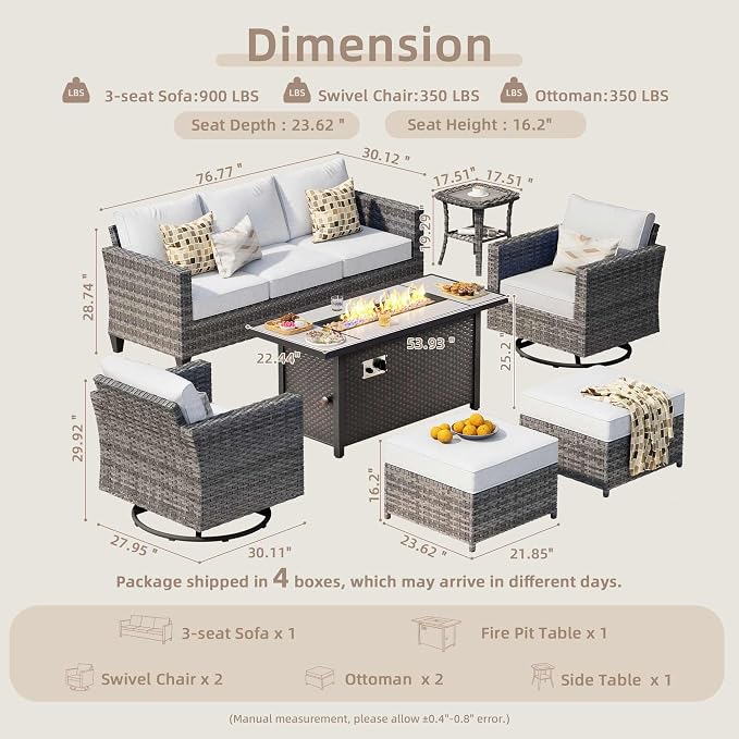 CAODOC 7-Piece Outdoor Wicker Patio Set with 7 Seats, Including 53" Fire Pit - Swivel Rocker Chairs and Conversation Set for Backyard or Lawn, Gray Rattan with Waterproof Gray Cushions