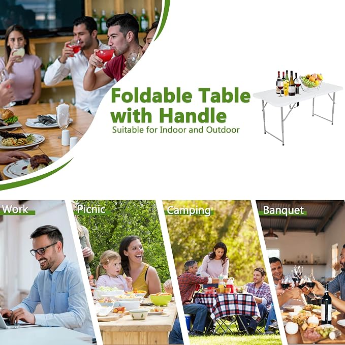 4Ft Folding Tables Portable Plastic Table Adjustable Height 4 Foot Foldable Table Fold Up Lightweight, Folding Camping Table for Indoor/Outdoor Picnic Camping