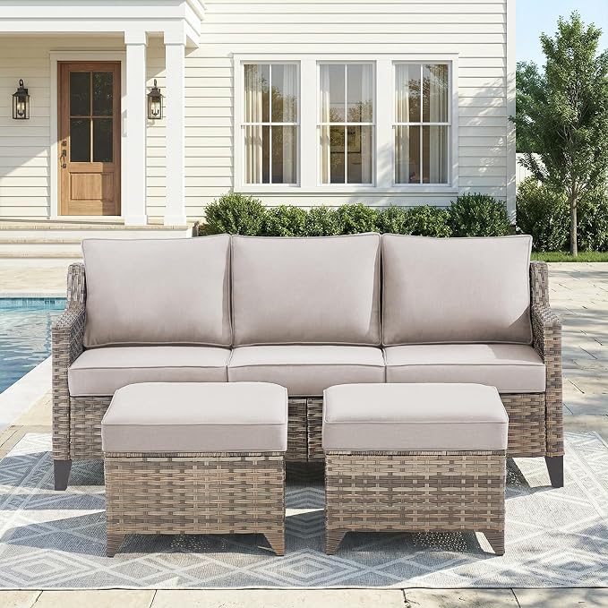 Belord Luxury Outdoor High Back Couch with Ottoman, All-Weather Wicker 3-Seater Sofa, 3 Piece Patio Conversation Furniture Set,Beige