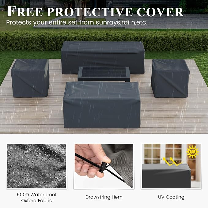 Aluminum Patio Furniture,Outdoor Metal Sectional Sofa with Table and Waterproof Covers,Grey and Blue Modern Patio Furniture Set for Garden Backyard (8-Piece)