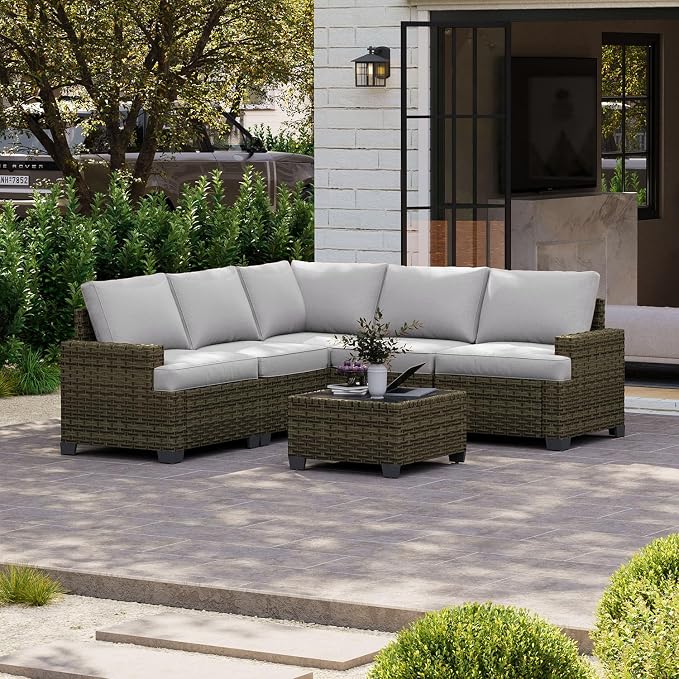 LET'S PATIO Luxury Patio Furniture Set, 6 Piece Outdoor Furniture Set, All-Weather Patio Sectional Sofas with Thickened Cushions, Grey
