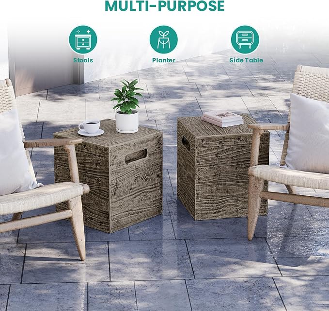 SUNBURY Outdoor Side Table, Faux Wooden Concrete Side Table, Square Lightweight End Table, Patio Accent Stump Stool Decorative for Planter Stand, Deck or Garden, Antique Black