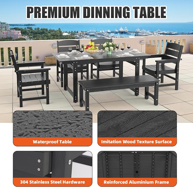 67" Outdoor Dining Table with Umbrella Hole, HIPS All-Weather Rectangular Patio Table for Outdoor/Indoor Use, Black