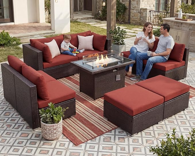 NICESOUL 9 Pcs Large Outdoor Patio Furniture Set with Firepit Natural Gas & Propane, 29.3 High Back Comfy Conversations Sofa Sets Modular, Wide Sectional for Heavy Weight, Brown Rattan and Red Cushion