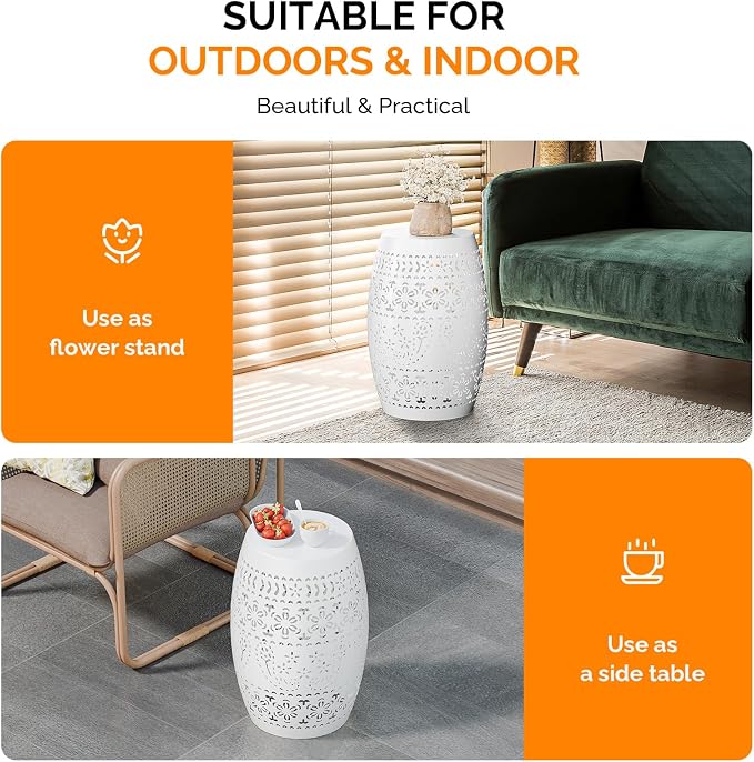 Iron Side Table for Outdoor Porch - White Cute Round Hollow Drum End Tables - Small Decorative Round Accent Table for Balconies or Patios