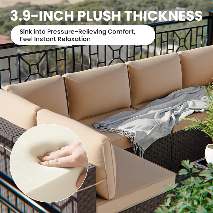13 Pieces Outdoor Patio Furniture Set,Outdoor Sectional Furniture with 43" 55000 BTU Gas Propane Fire Pit Table,PE Rattan Wicker Patio Conversation Set with 10 Thickened Cushions,Sand