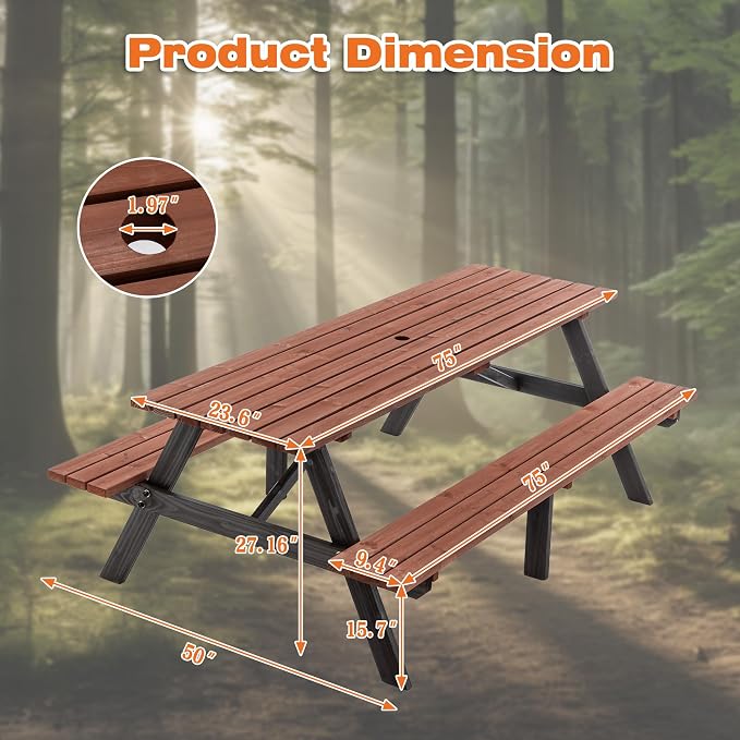 Hohuqeri Picnic Table Bench Set for 8 Persons, 6FT Large Camping Table, Wood Outdoor Dining Beer Table Set with 2” Umbrella Hole, for Patio Lawn Garden (Brown & Black)