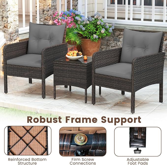 HAPPYGRILL 3 Piece Patio Bistro Set Rattan Wicker Outdoor Conversation Set with Cushions and Coffee Table, Outside Furniture with Rattan Chairs for Porch, Balcony, Deck and Garden (Gray)