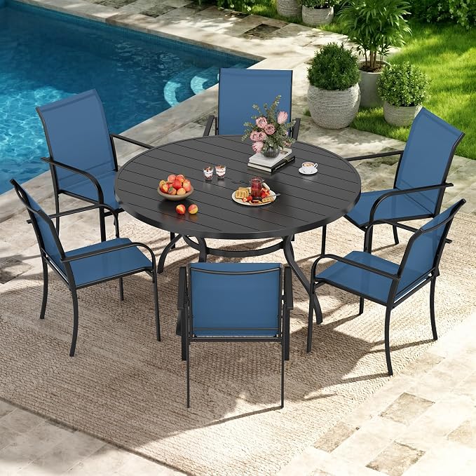 7-Piece Patio Dining Set,6 Person Outdoor Table and Chairs Set, 6 Metal Dining Chairs and Round Outdoor Table with 1.57" Umbrella Hole,Blue
