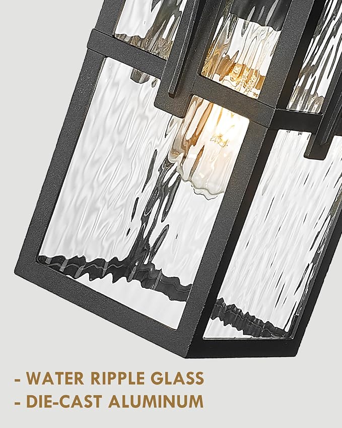 Outdoor Wall Light 2 Pack, HWH Exterior Wall Sconce Light Fixtures with Water Ripple Glass, Outside Lights for Porch, Patio, Balcony, Matte Black Finish, 5HX62B-2PK-SW BK