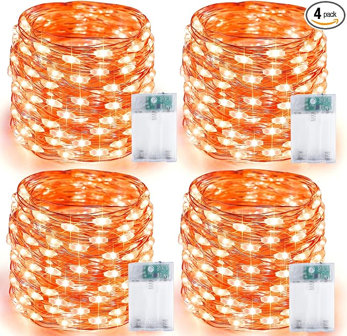 4 Pack 60 LED Fairy Lights Battery Operated with Timer, Fall Lights Orange | 20 FT , Cuttable, Waterproof Battery Fall String Lights for Thanksgiving Indoor Outdoor, Bedroom, DIY, Halloween Decorations