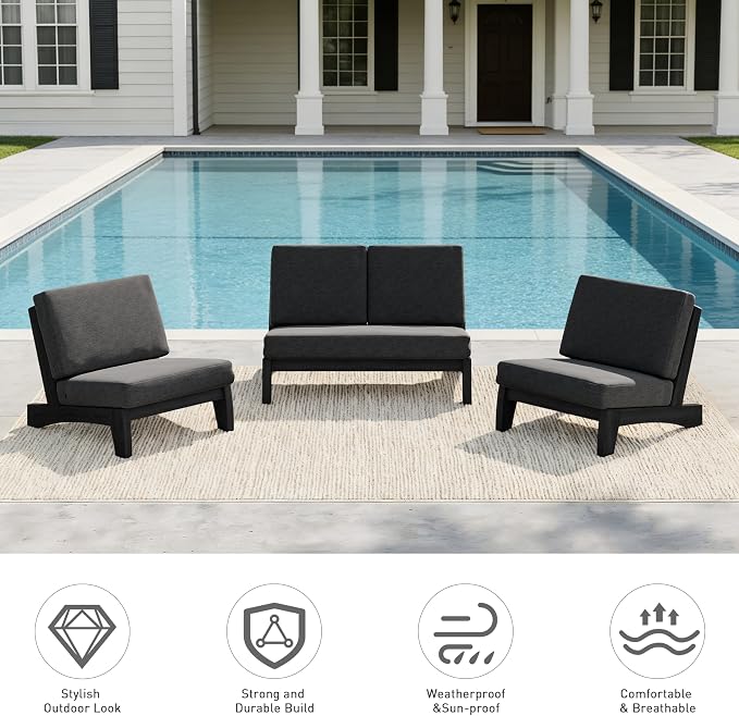 Pia Ricoo 4 Piece Patio Furniture Sets, Outdoor Furniture with 2 Chairs & Coffee Table, Patio Conversation Set for Backyard, Deck, Lawn, Drak, Dark Wood