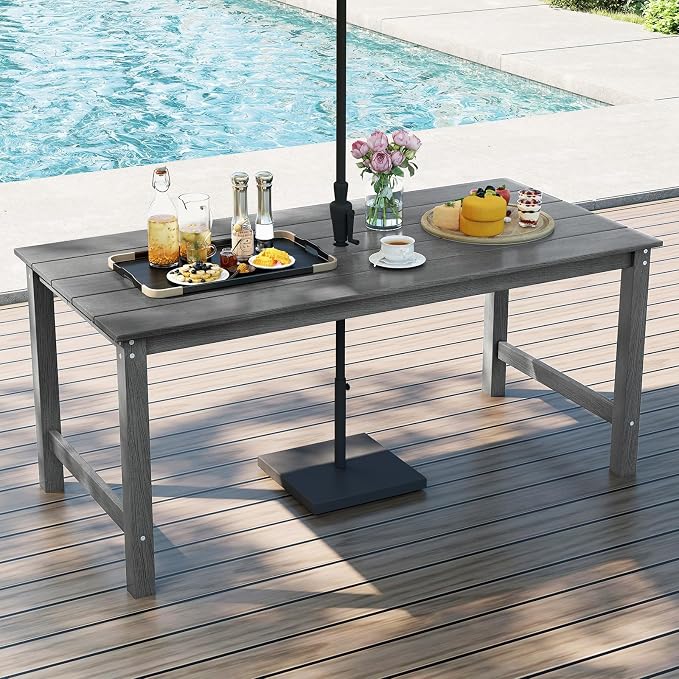 Tangkula 3 Pieces Outdoor HDPE Dining Table Set with 2 Benches, Weather Resistant Patio Furniture Set with 1.77” Umbrella Hole and Wood-Like Surface for Garden, Backyard and Poolside (Gray, 3 Pcs)