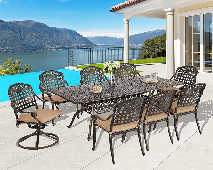 Grepatio 9 Piece Cast Aluminum Patio Furniture Set Outdoor Dining Set Bistro Furniture Set with 6&2 Swivel Chairs and Table with Umbrella Hole, 8 Cushions for Backyard Garden Poolside (Grid Khaki)