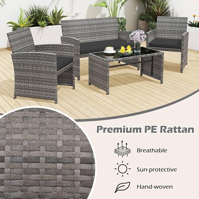 RELAX4LIFE 8-Piece Patio Furniture Set - Wicker Rattan Outdoor Sectional Sofa Set w/Glass Coffee Table, Loveseat, 2 Chairs & Soft Cushions, Bistro Conversation for Garden Porch (2, Grey-Black)